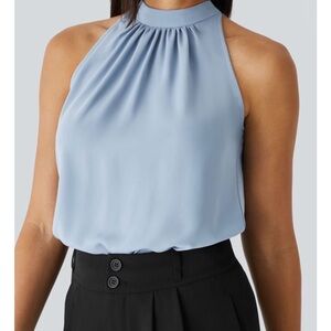 Keyhole Back Halter Sleeveless Curved Hem Work Blouse